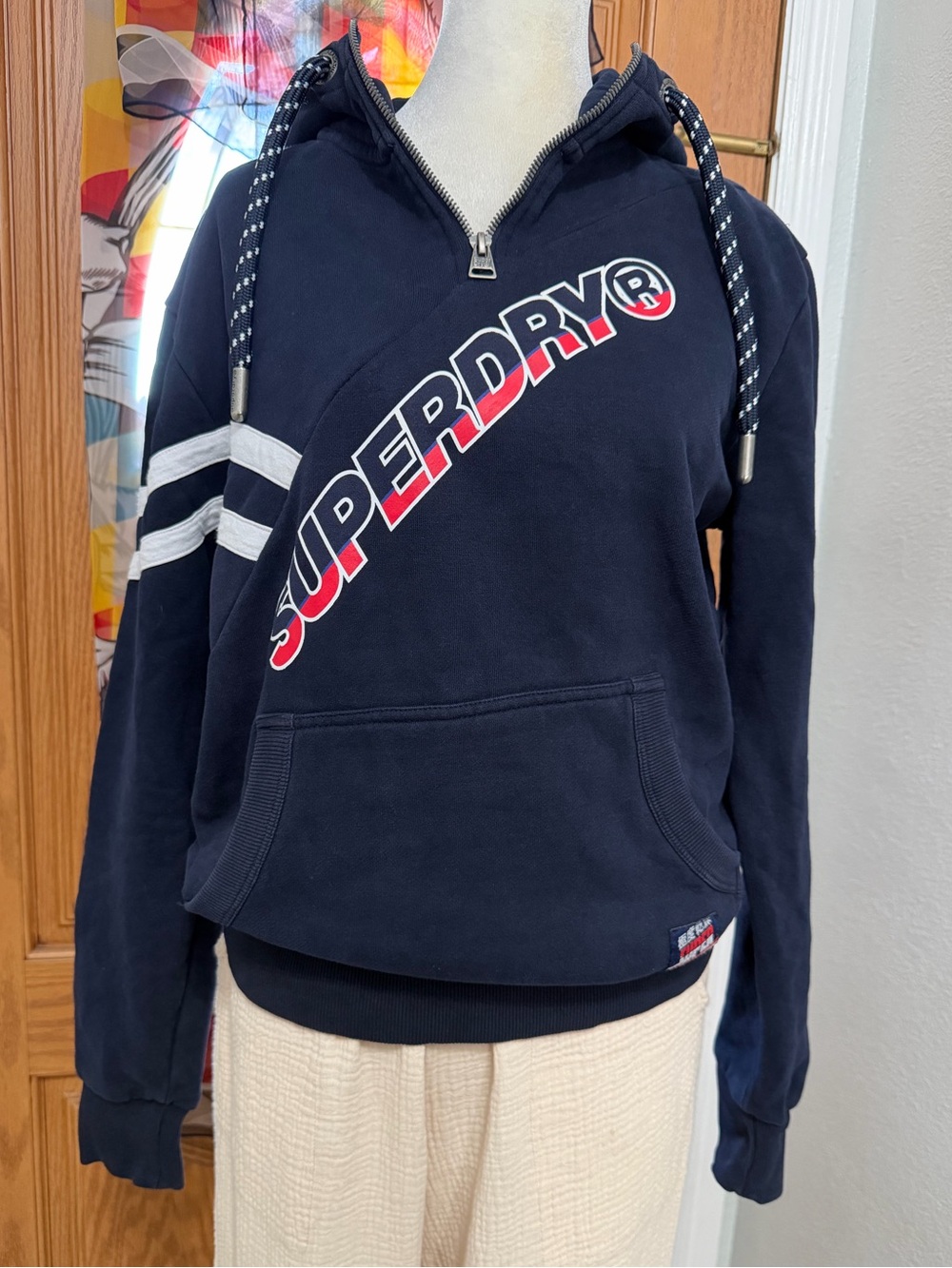 Superdry Men's Navy Half-Zip Logo Hoodie with White Stripes